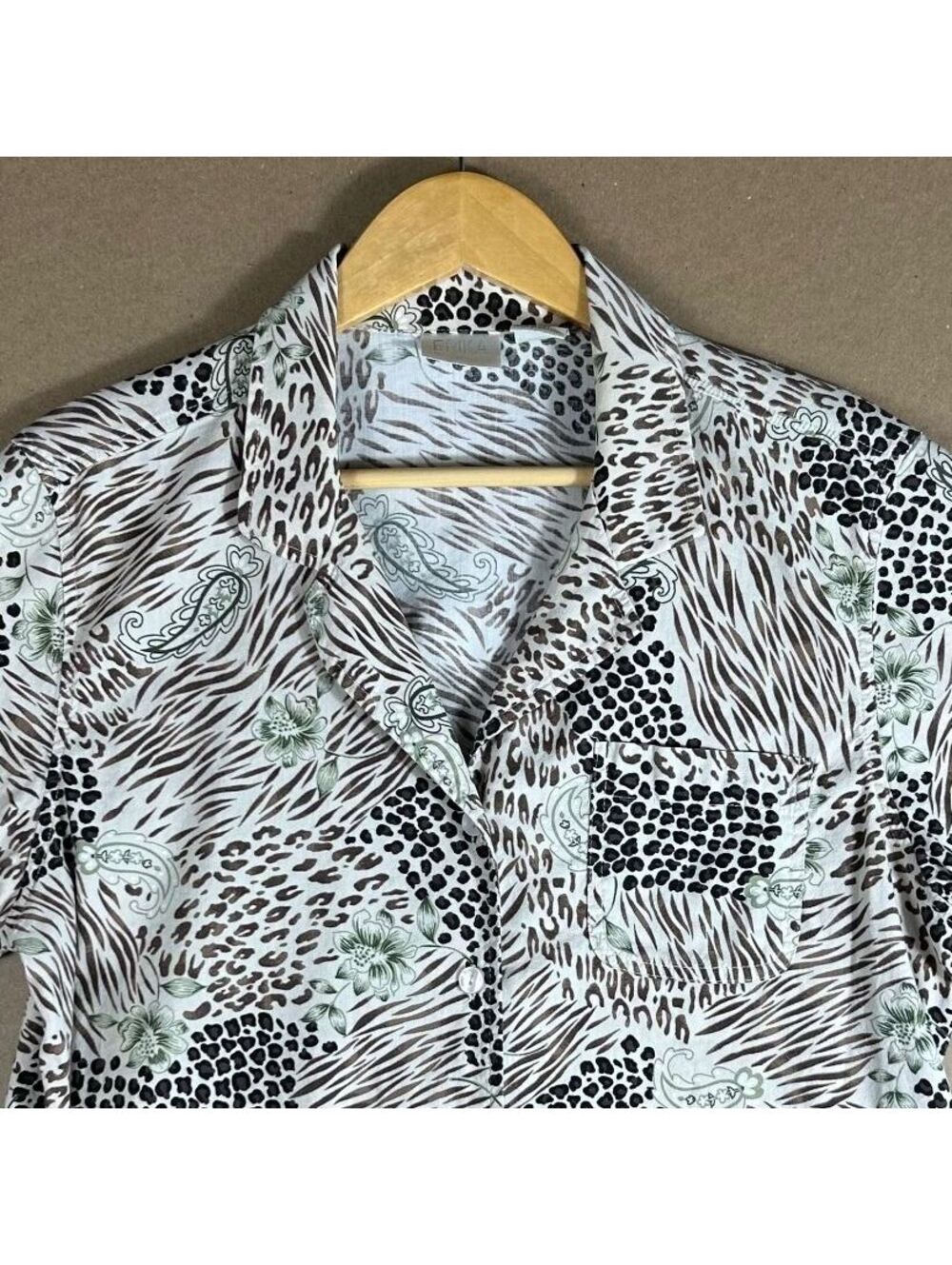 Vintage Erika Safari Short Sleeve Button-Up Shirt Leopard Paisley Print Large